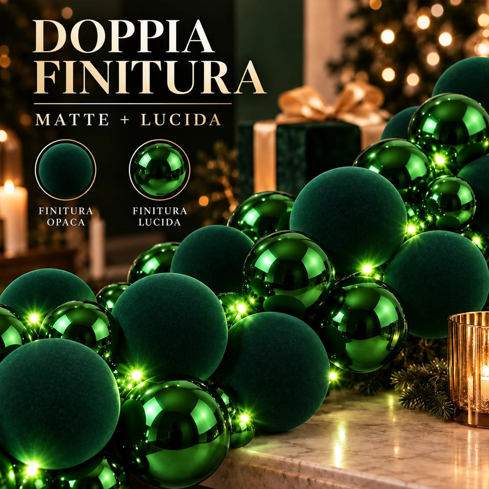 Ghirlanda Natalizia Festone 180cm 142 Sfere e Led Addobbo Lucido e Velluto Verde