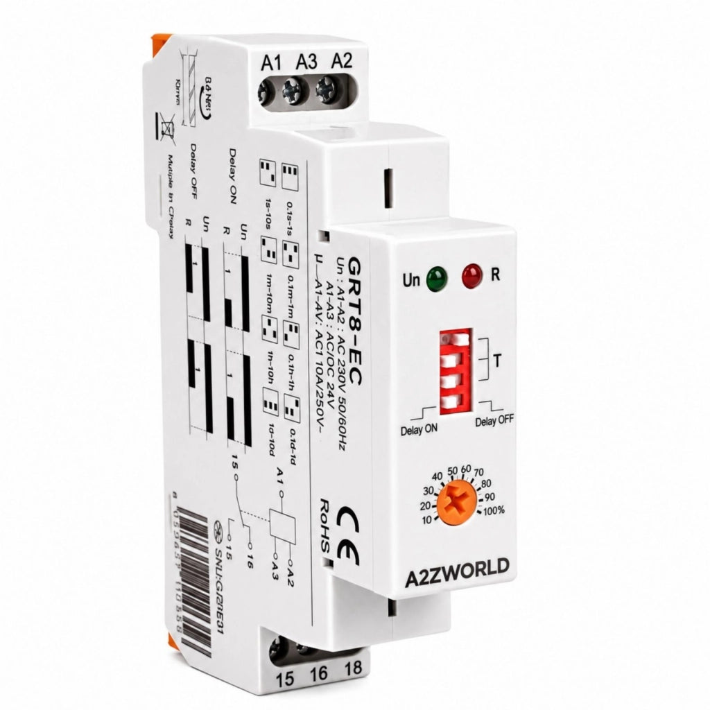 Relè Temporizzato Modulare, AC230V e DC/AC 24V 10A, Timer Delay ON o Delay OFF, Ritardo Accensione o Spegnimento, 1 Modulo Barra DIN, Tempo regolabile da 0,1s a 10 giorni