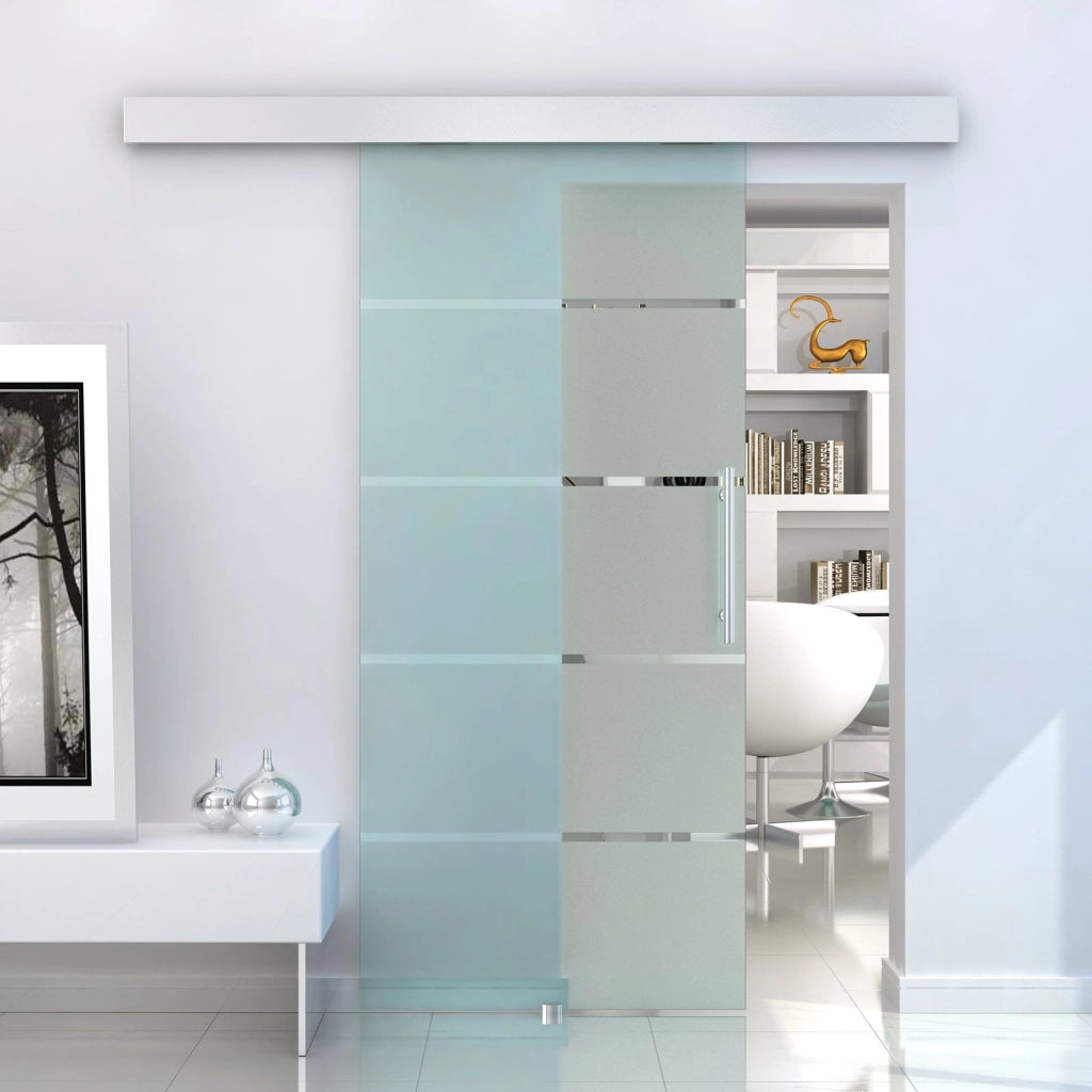 Porta Scorrevole Vetrata 102,5x205 cm Satinata a Strisce Trasparenti