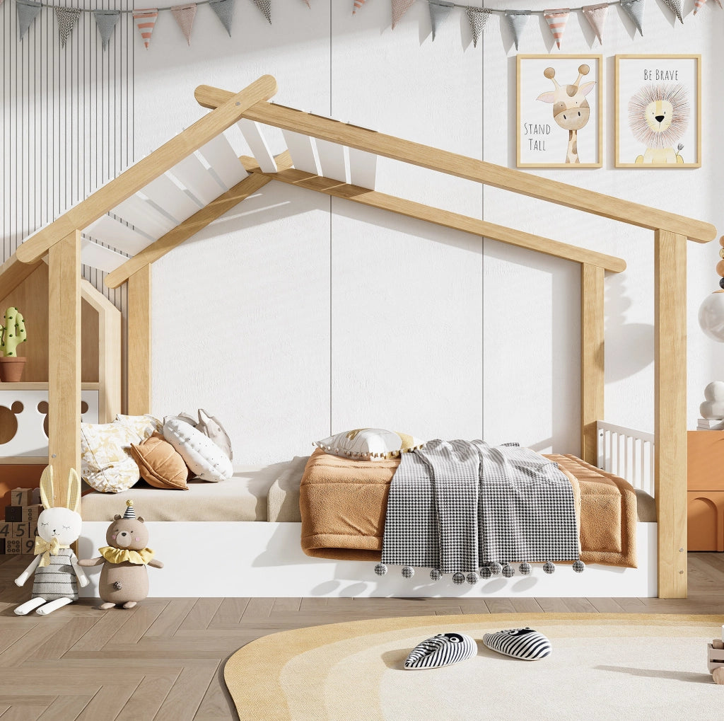 Letto a casetta 90x200 cm con doghe stabili; bianco e naturale