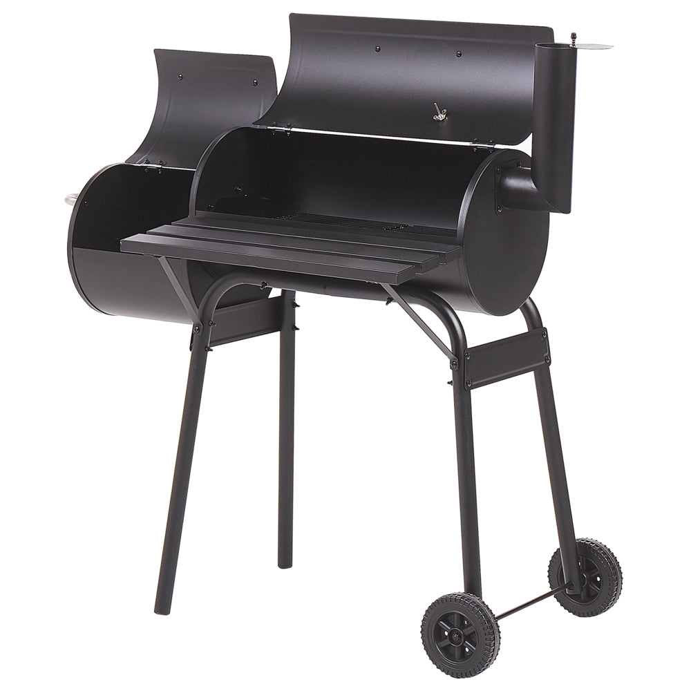 Griglia per barbecue a carbonella in acciaio Nero con coperchio con ruote Griglia di cottura con ripiano affumicatore sfalsato