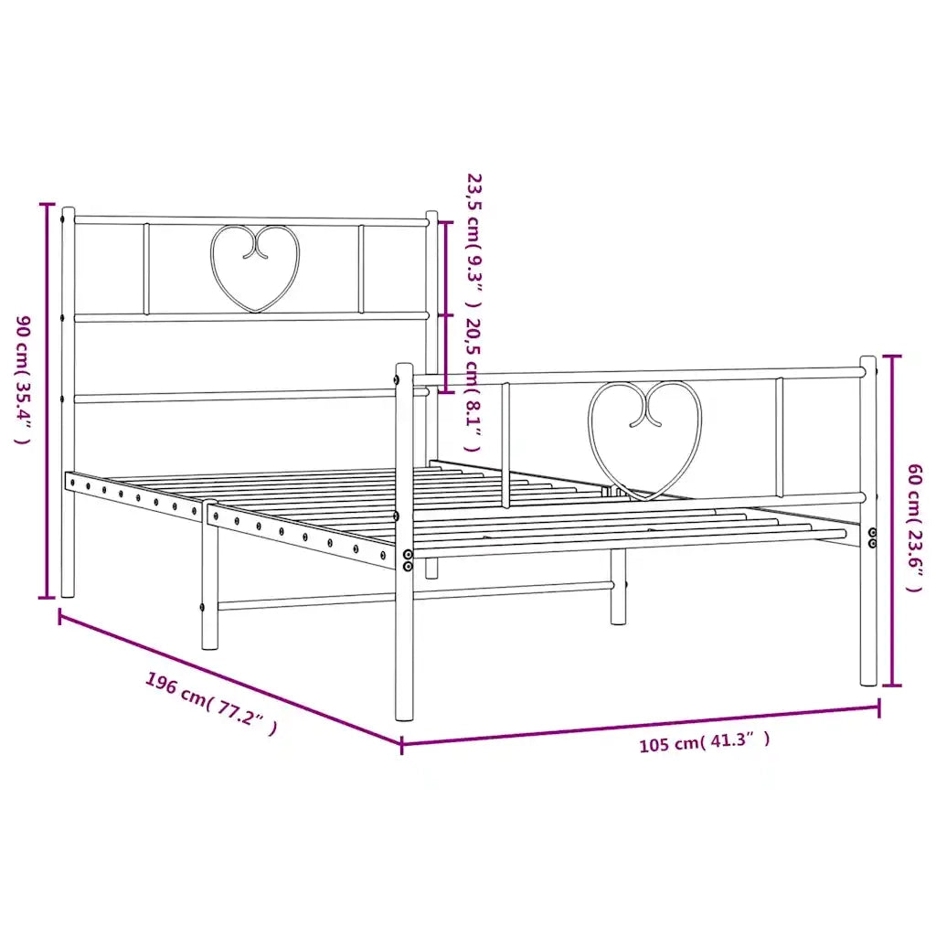 Letto singolo | Letto per adulti | Giroletto con Testiera e Pediera Metallo Nero 100x190 cm