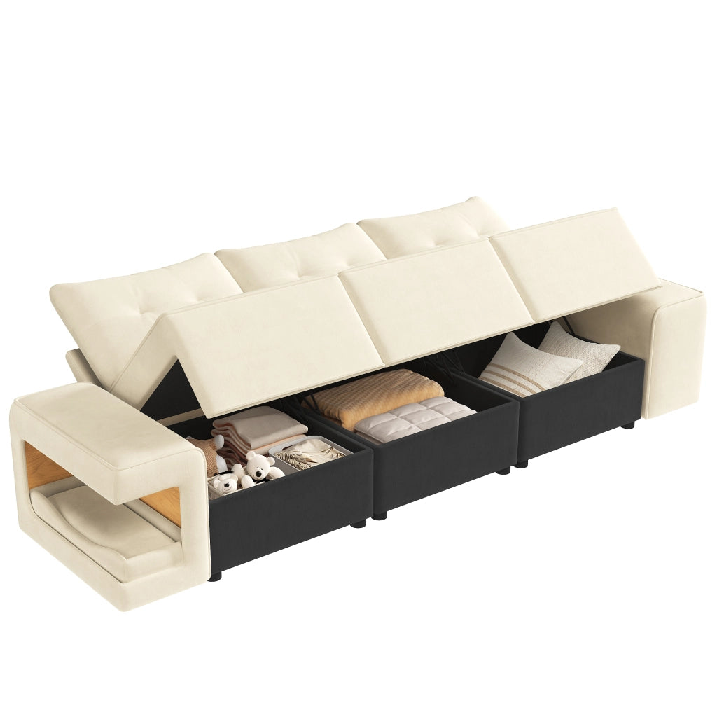 Divano 3 posti con nicchie laterali per animali e contenitori sotto seduta in velluto beige 229,5 × 78 × 84 cm