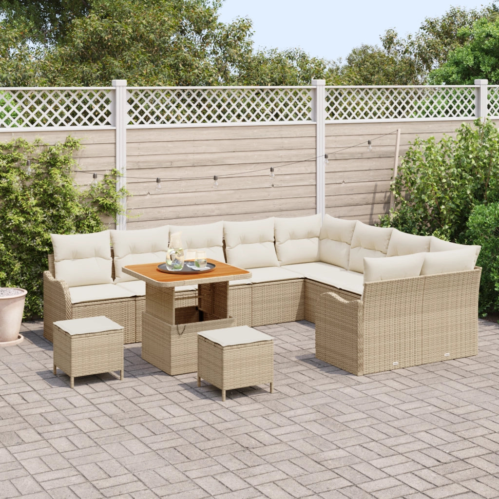 Set Divano da Giardino 12 Pezzi con Cuscini Beige Polyrattan Acacia
