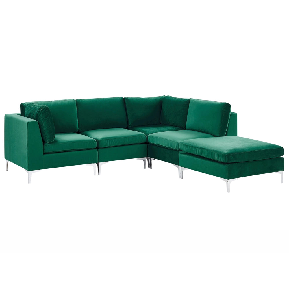 Divano ad angolo componibile versione sinistra a 4 posti in velluto verde con gambe in metallo argentato a forma di L ottomana Stile glamour