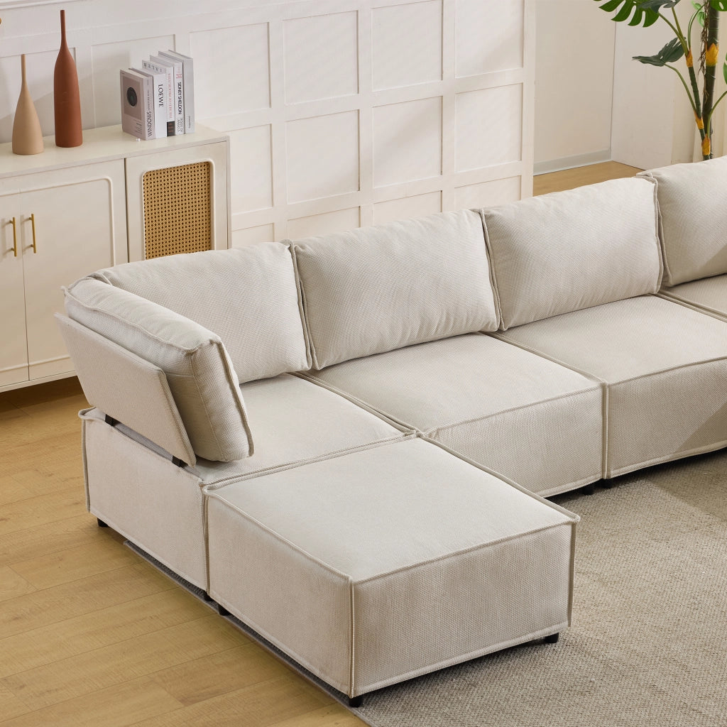 Divano angolare modulare componibile con seduta comoda e rivestimento in lino beige 308 × 152 × 77 cm