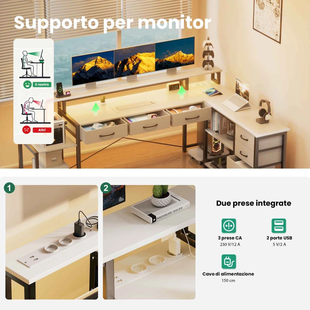 Scrivania per computer a L, scrivania da gaming, con cassetti, prese di corrente integrate, luci d'atmosfera, nera