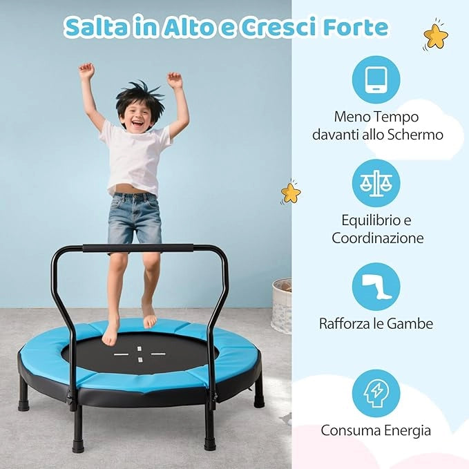 Trampolino Elastico per Bambini, Tappeto Elastico da Interno ed Esterno con Manubrio in Schiuma e Cuscino di Sicurezza, Ideale per Bambini 3-6 Anni, Portata 100 kg