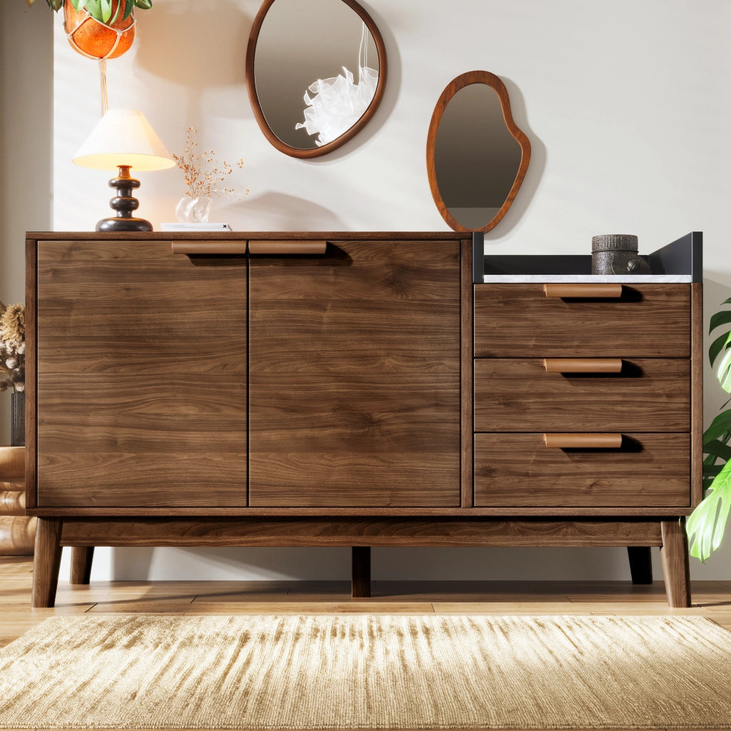 Credenza soggiorno effetto rovere con piano effetto marmo, 3 cassetti, vano con doppia anta e ripiani regolabili, H77/L120/P40 cm