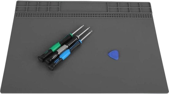 Mat di soluzione termoresistente in silicone da 350 x 250 mm - cuscino di riparazione elettronica con viti e punte di chiodo.
