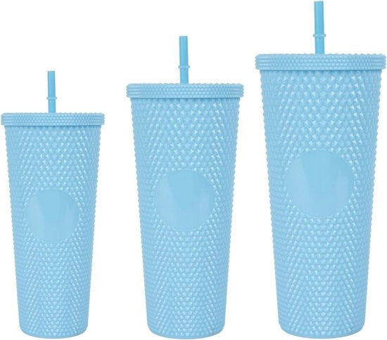 Set di 3 Bicchieri Acrilici Colorati - Bicchiere Plastico Reutilizzabile con Coperchio e Maniglia - Tazza di Viaggio Isolata a Doppia Parete - Grande Capacità Otre da Viaggio - Blu