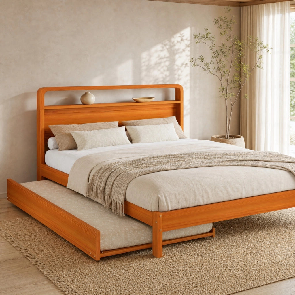 Letto estraibile 140 × 200 cm e 90 × 190 cm con letto ospite, testiera arrotondata, senza materasso, legno naturale