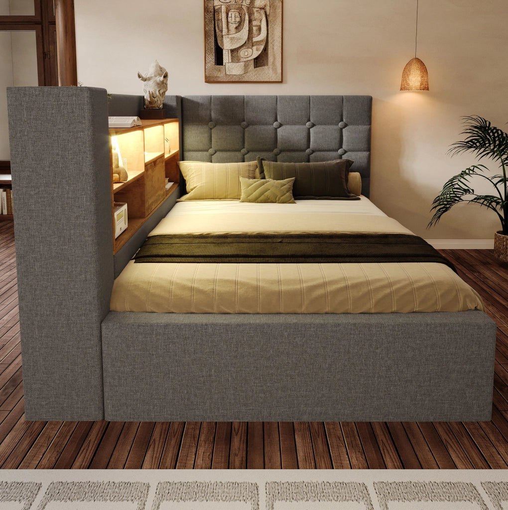 Letto imbottito con LED, contenitore idraulico e testiera a L