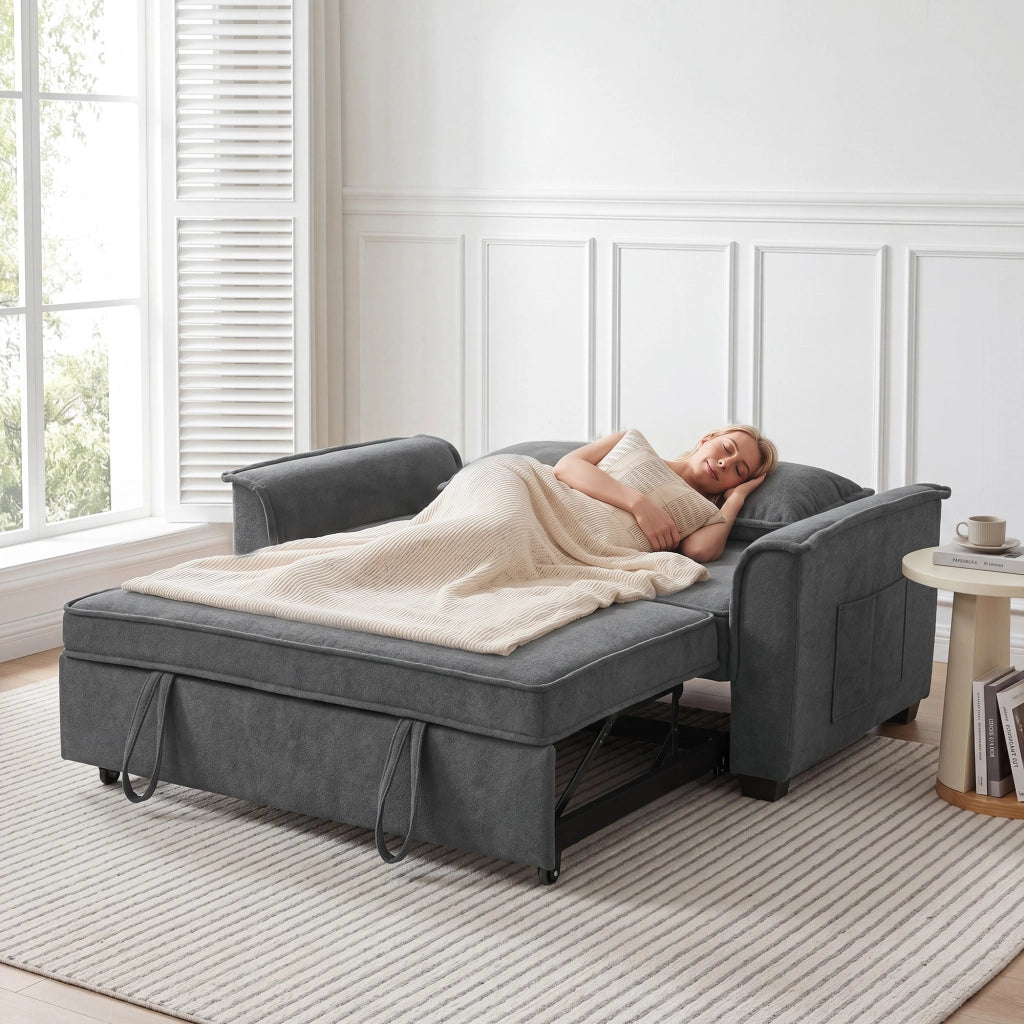 Divano Letto 2 Posti 3 in 1 con Schienale Regolabile in 3 Posizioni e 2 Cuscini in Ciniglia Grigio Scuro