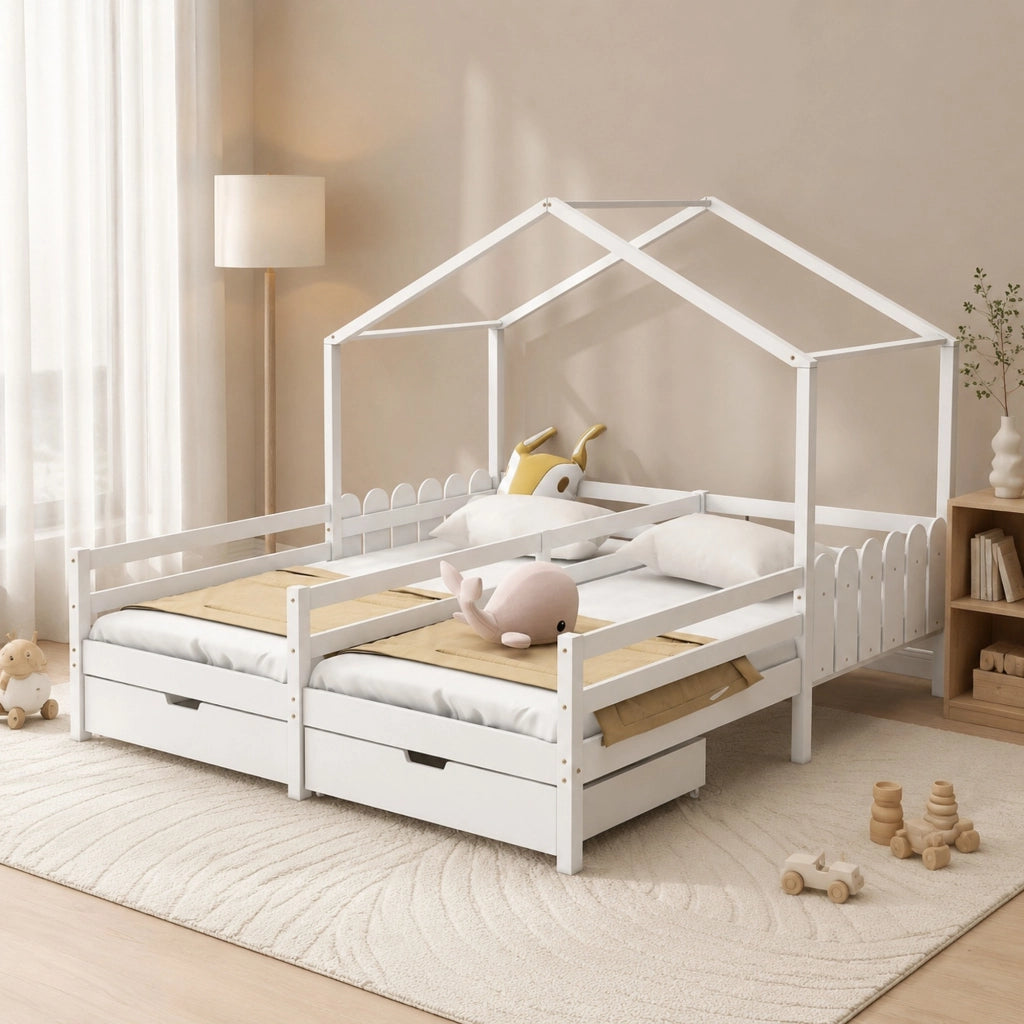 DESMIU Letto casetta per bambini 2 posti con 2 cassetti e sponde, 90 × 200 cm e 90 × 200 cm, senza materasso