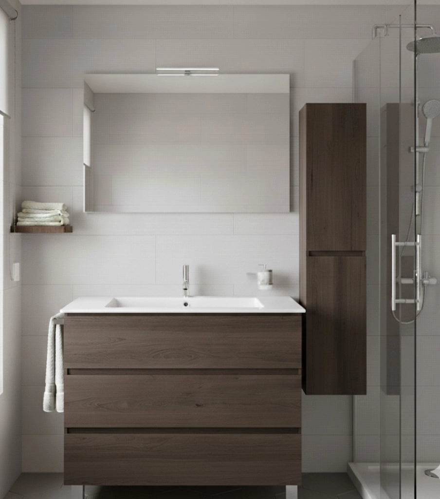 Mobile Bagno BALDER Già Montato 3 cassetti con piedini, lavabo e specchio Frassino tea 60x35 cm con colonna