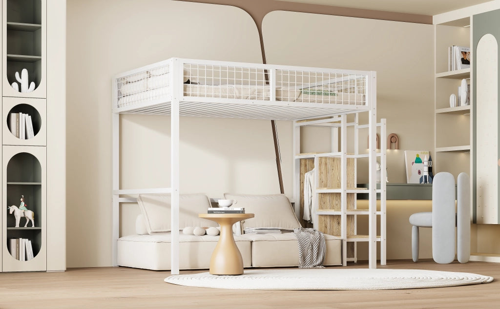 DESMIU Letto a soppalco per bambini 1 posto con scala contenitore e armadio 140 × 200 cm, senza materasso