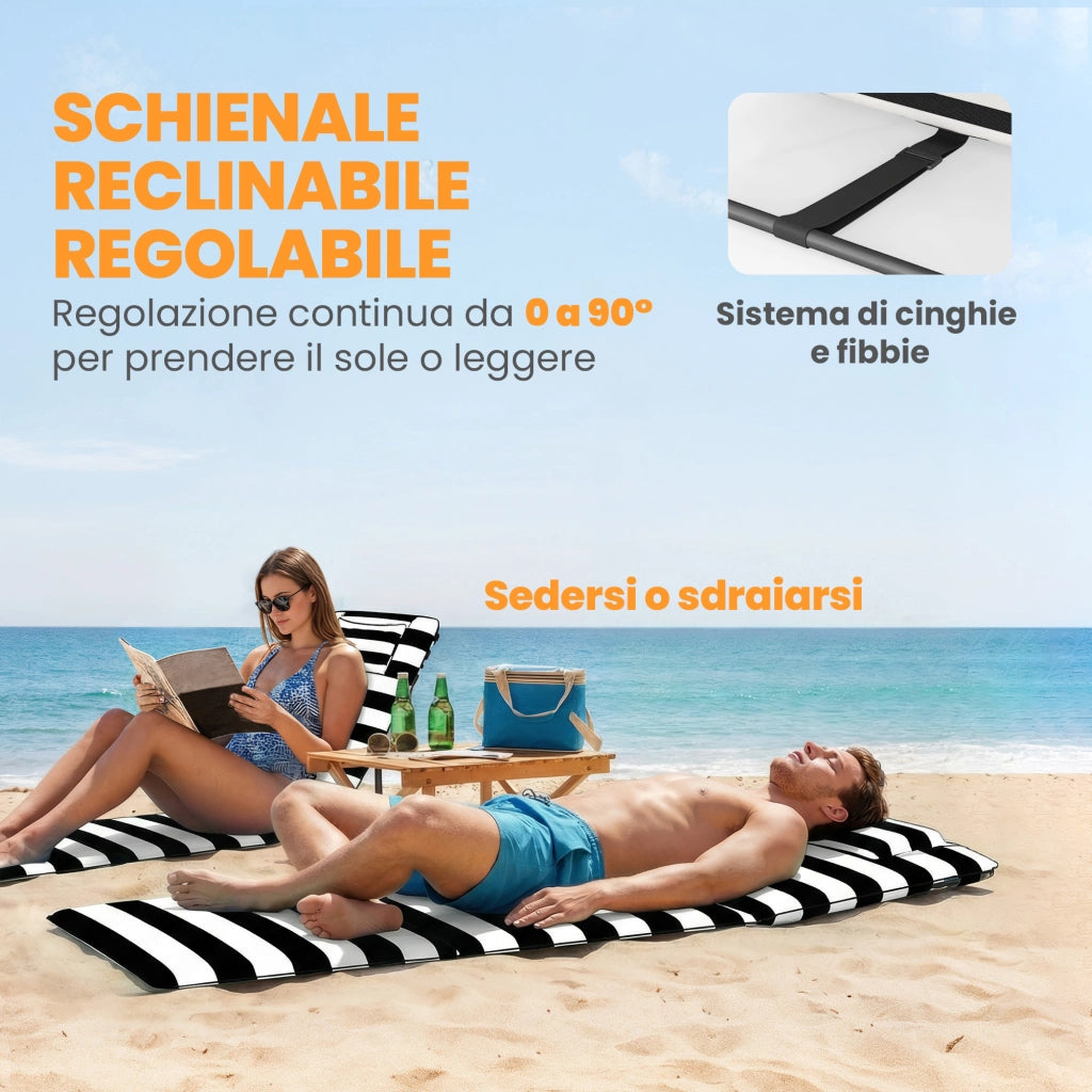 Set 2 Sdraio da Spiaggia 146x50x2 cm con Poggiatesta Imbottito in Metallo e Tessuto Oxford Grigio e Bianco
