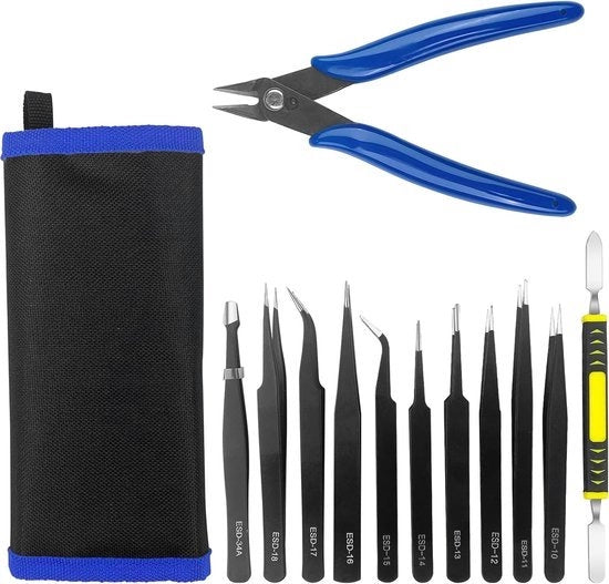 Set di pinze per modello, 12 pezzi, fai da te, acciaio inox, pinza a precisione, pinza ESD per elettronica, per computer, riparazioni elettroniche, laboratorio, lavori di precisione.