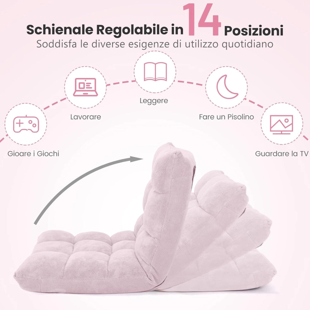 Sedia da Pavimento, Poltrona Imbottita Regolabile in 14 Posizioni 90°-180°, Cuscino da Terra Pighevole Imbottito, Sedia Reclinabile per Relax, Yoga, Lettura (Rosa chiara)
