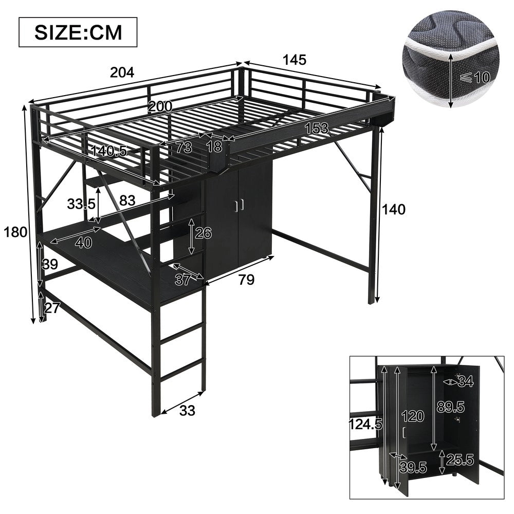 Letto a Soppalco con Scrivania e Armadio ¨C MINIMAL ¨C Ferro e MDF, Nero, 140x200