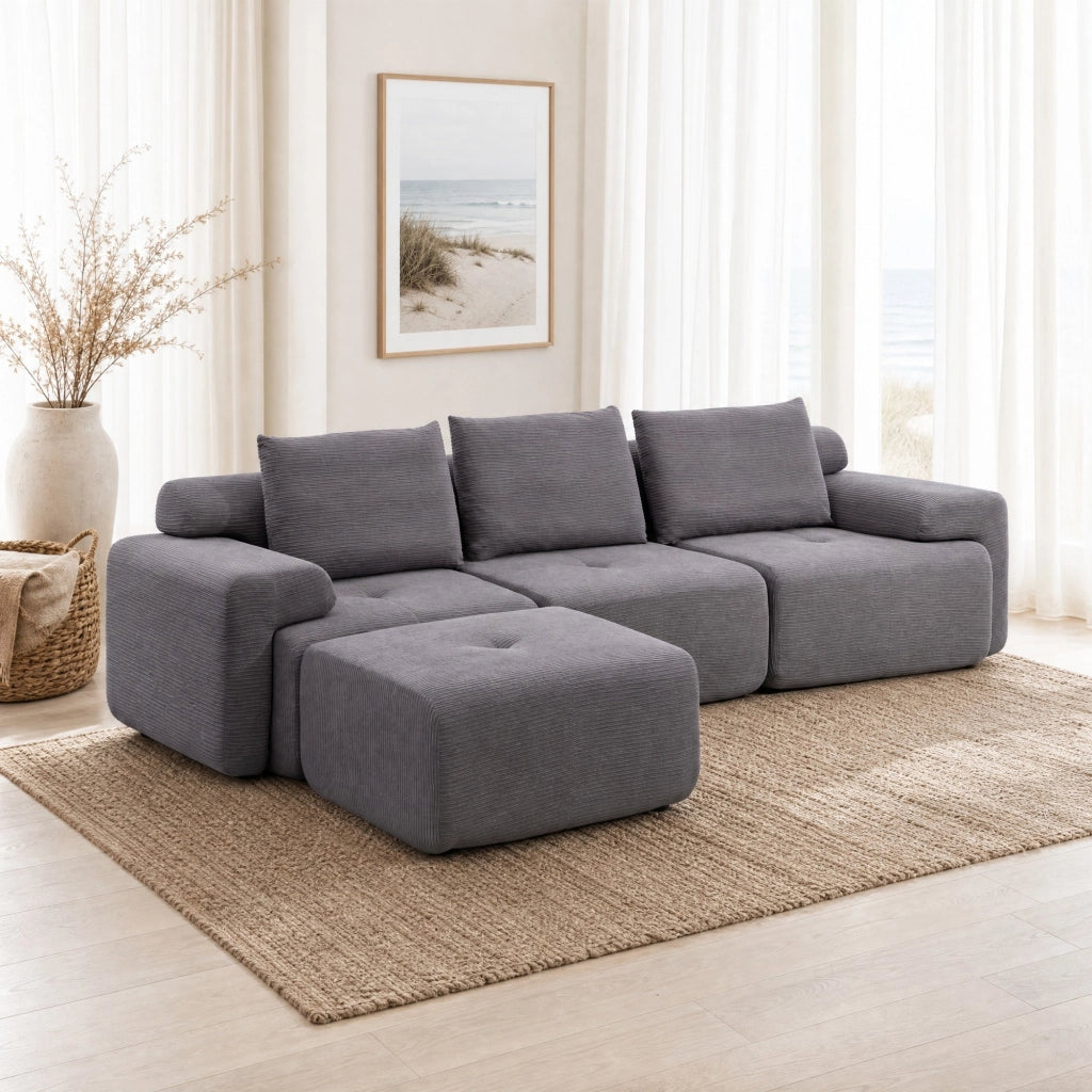 Divano angolare modulare - con chaise longue e seduta profonda - in tessuto grigio scuro