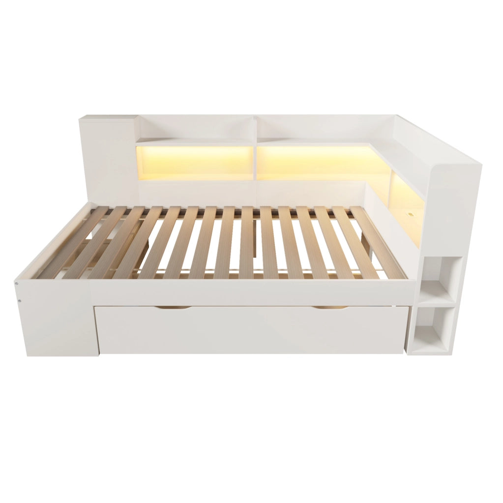 Letto singolo bianco 90x200 cm con materasso, LED, cassetti e ricarica USB