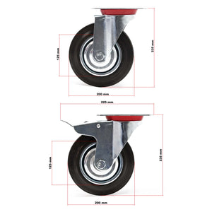 Set 4 ruote piroettanti, freno doppio blocco, Rotella 200mm max 150kg, metallo e gomma piena