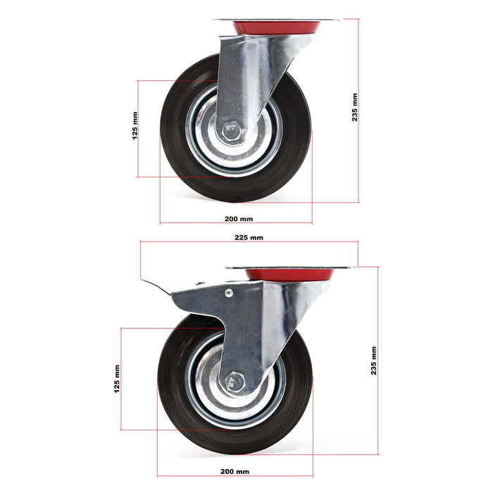 Set 4 ruote piroettanti, freno doppio blocco, Rotella 200mm max 150kg, metallo e gomma piena