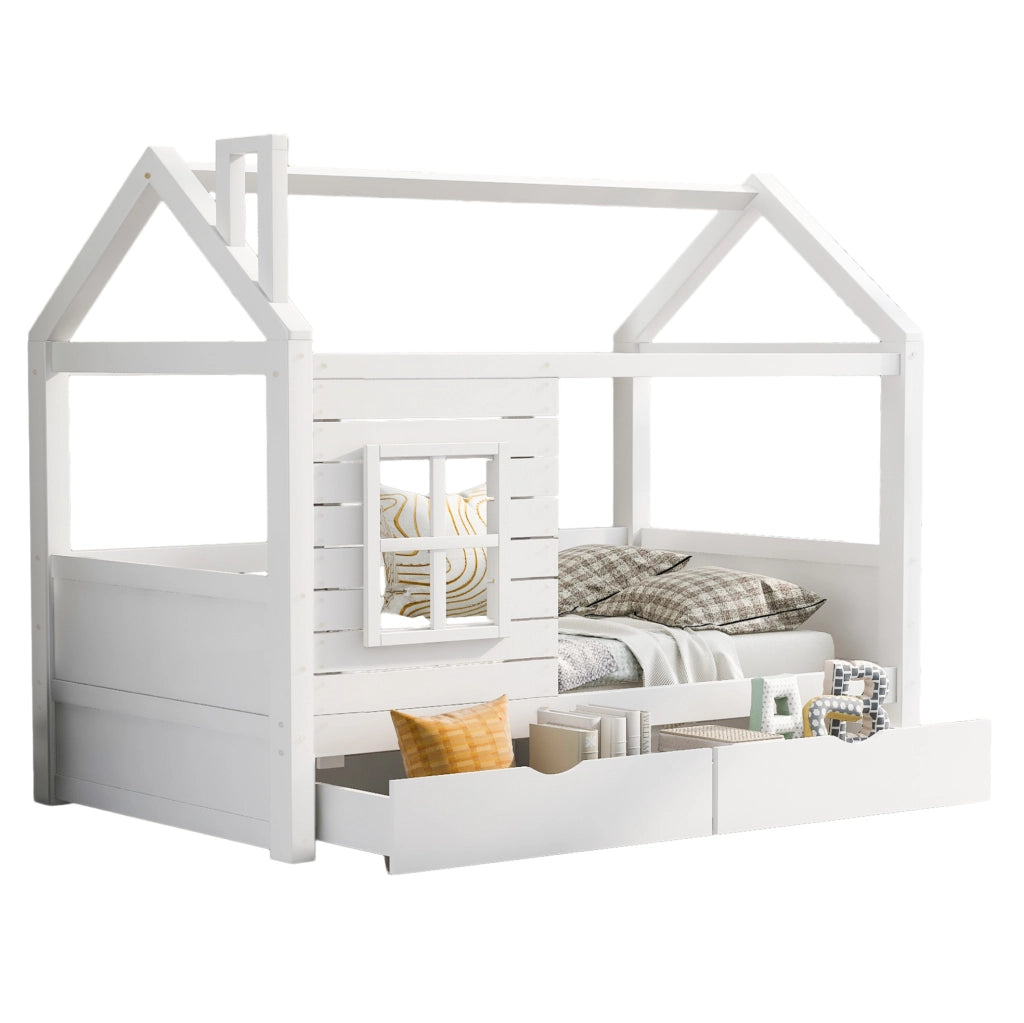 Letto a casetta per bambini 90x200 cm bianco con cassetti
