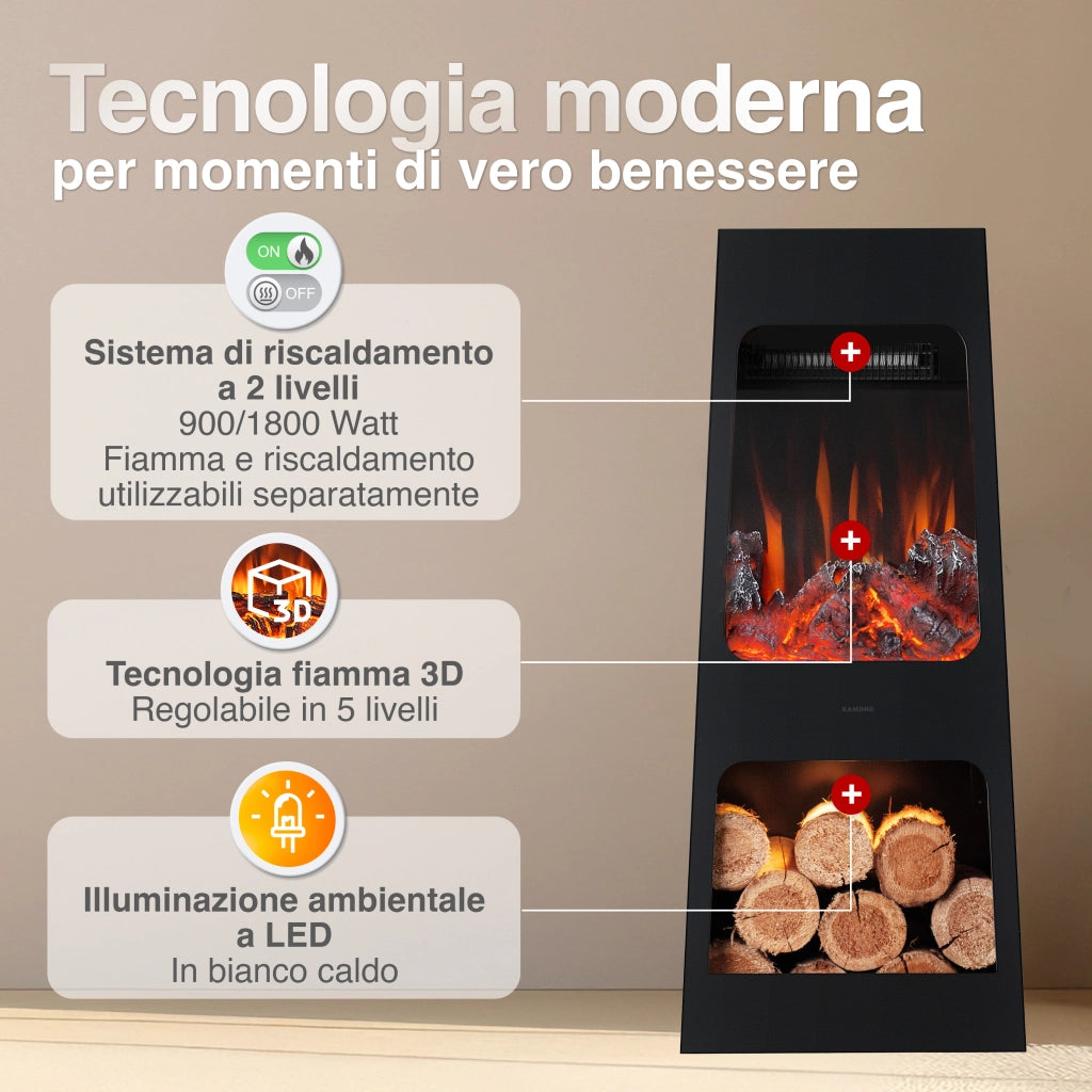 KAMINIO Caminetto elettrico da giardino KAI L - Stufa de terrazzo  elettrico con riscaldamento, effetto fiamma 3D, luce ambiente a LED, scomparto de legno, telecomando - Large, Nero