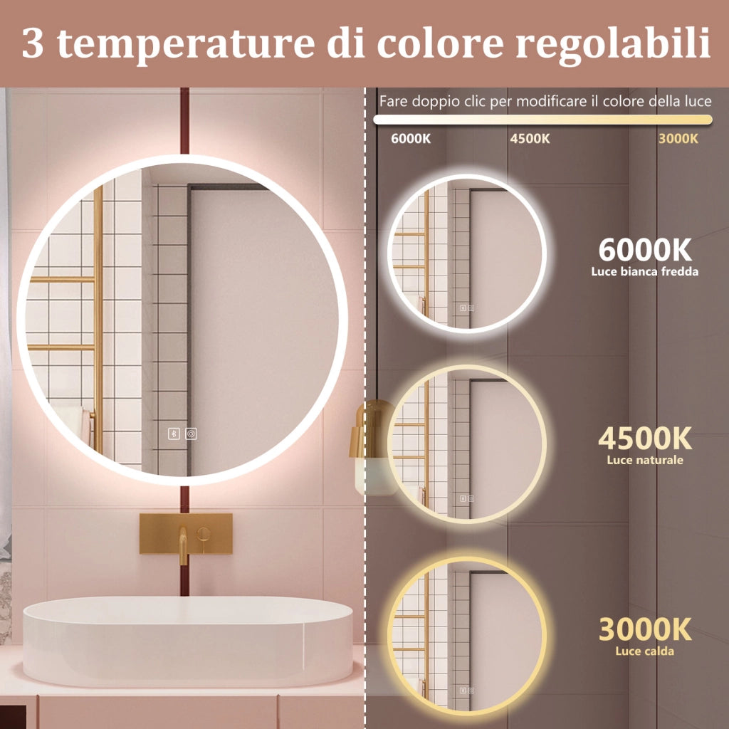 Aica Specchio da bagno a LED+80x80cm+Bluetooth+3 Temperature di Colore+Funzione Antiappannamento