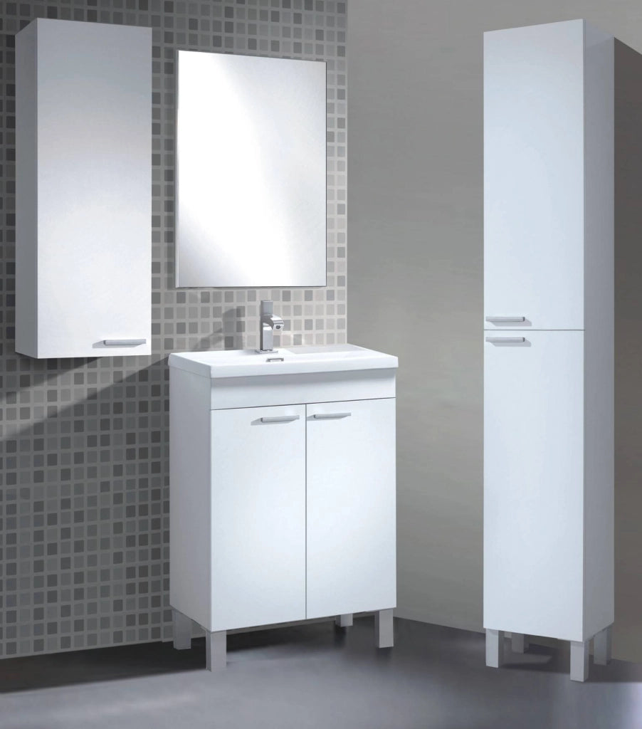 Colonna Bagno Alcott, Mobile a colonna per bagno a 1 anta, Armadio pensile sospeso con 1 ripiano, cm 30x25h85, Bianco lucido