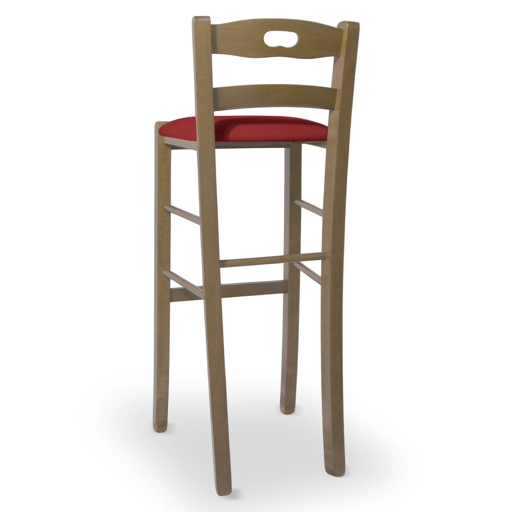 Sgabello h80 in legno noce chiaro con manico e seduta imbottita similpelle rosso