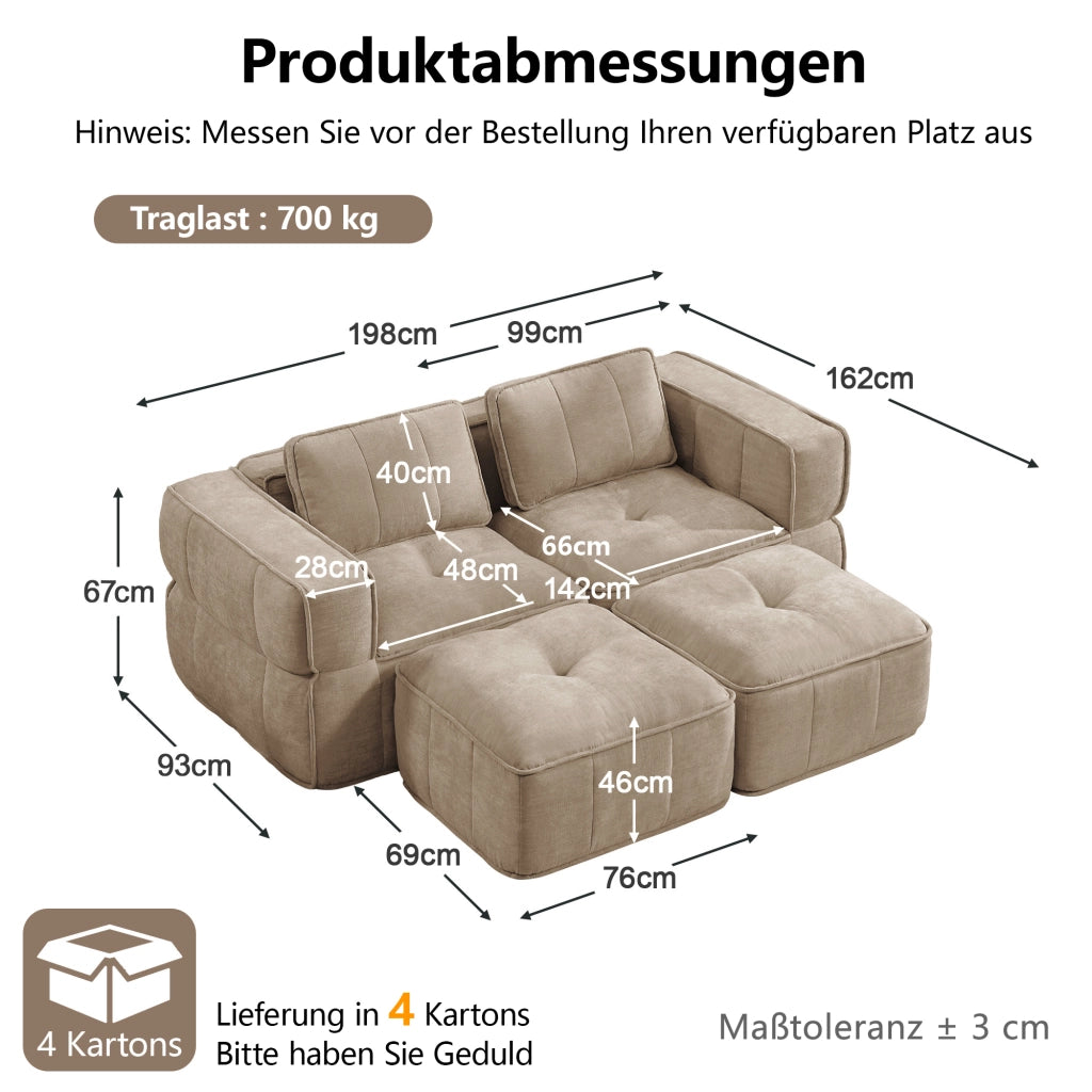 Divano modulare a 2 posti con due pouf senza struttura di supporto in tessuto poliestere sabbia 198 × 162 × 67 cm