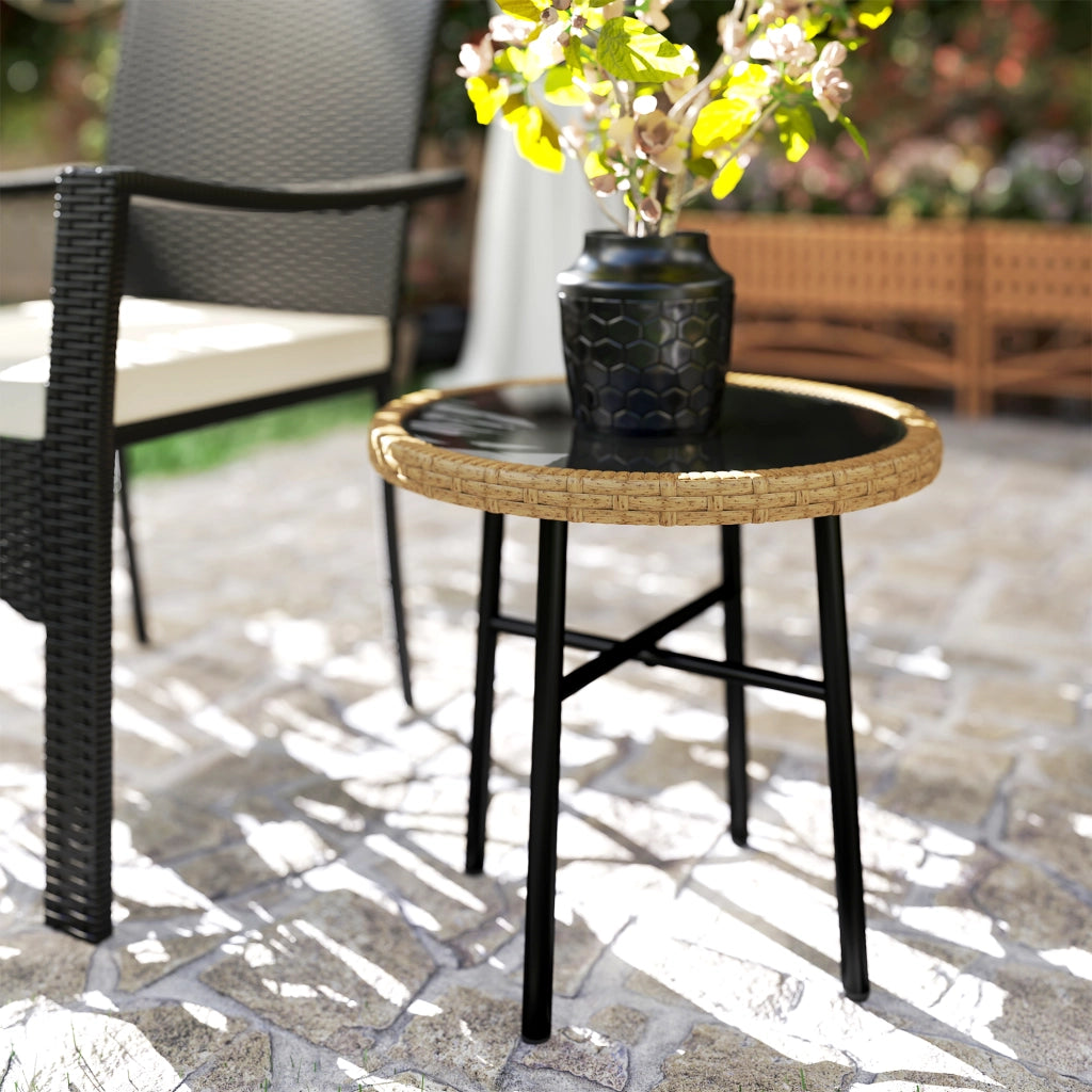 Tavolino da Caff¨¨ Rotondo ¨C Xylo ¨C Rattan Vetro Temperato Esterno Giardino 46x46x43cm Naturel