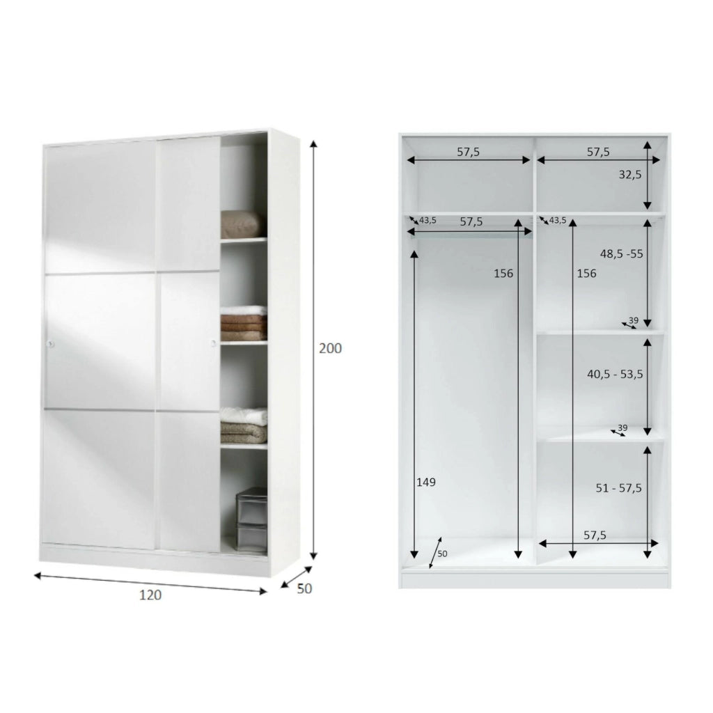 Guardaroba Adrenalin, Armadio per camera da letto a 2 ante scorrvoli, Mobile con 3 ripiani e barra appendiabiti, cm 120x50h200, Bianco lucido