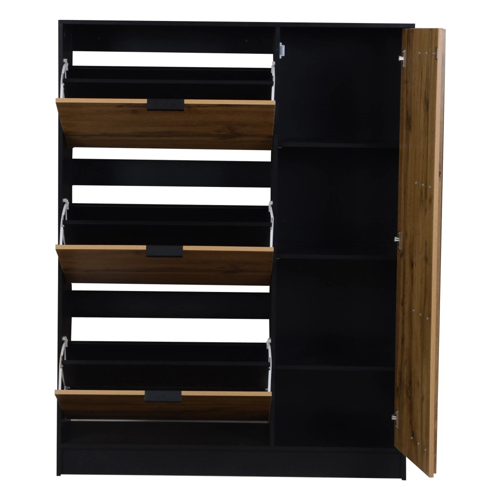 Scarpiera 100x30x130 cm in MDF con 3 ribalte e 1 vano chiuso, finitura naturale e nero