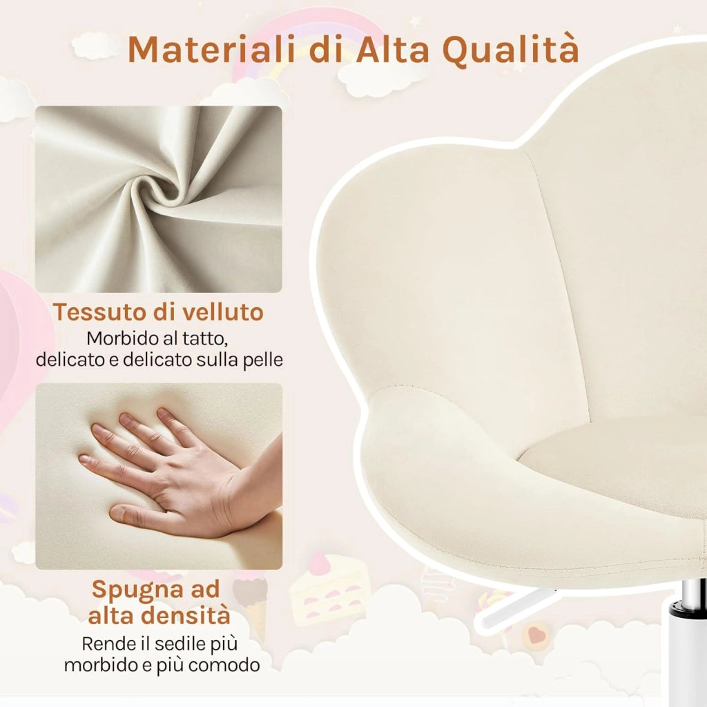 Sedia da Scrivania per Bambini, Sedia Ufficio Ergonomica Girevole e Regolabile in Altezza con Rotelle, Seduta a Forma di Fiore per Studio, Camera da Letto, Velluto, Beige