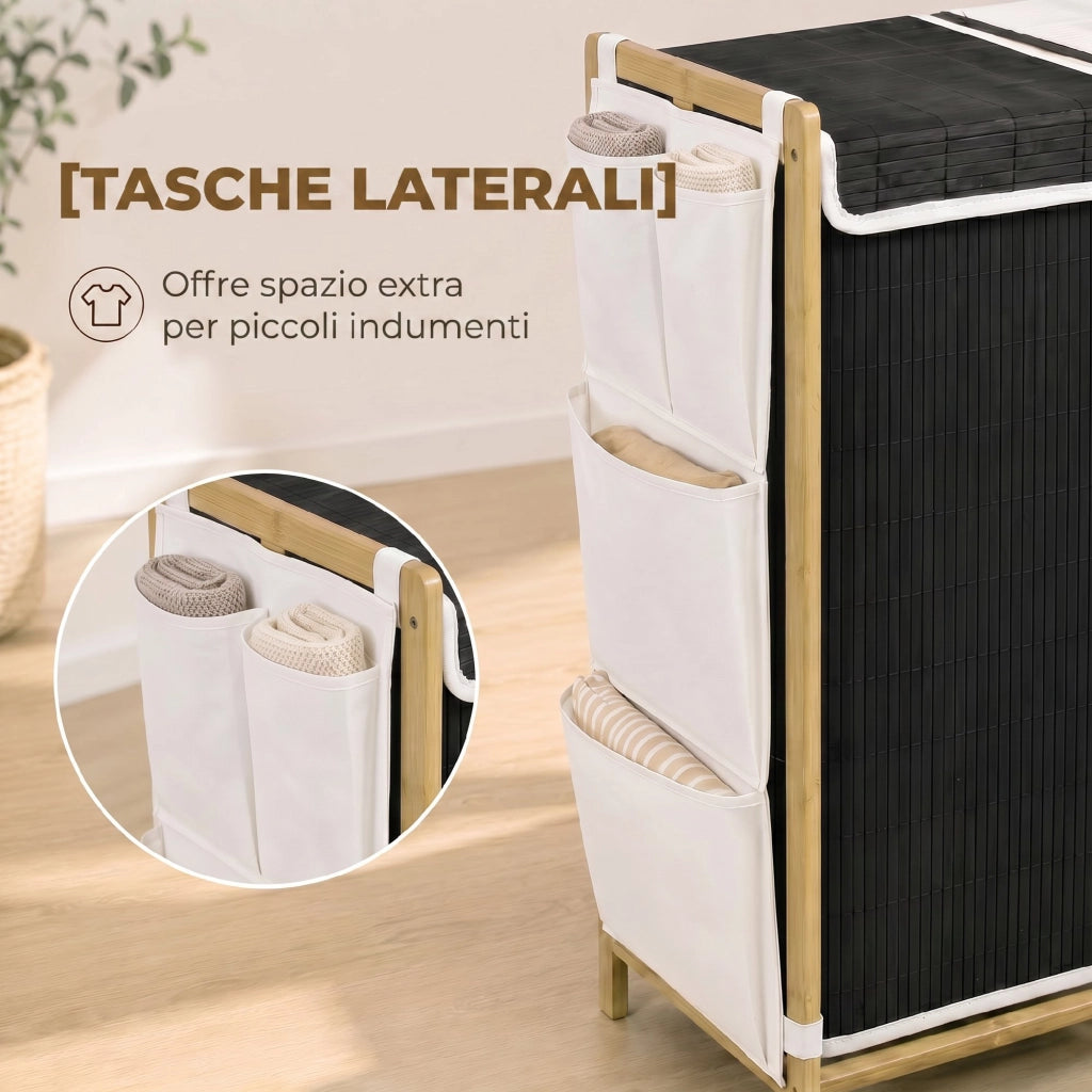 Cesto Portabiancheria 63x33x78 cm 2 Scomparti 120L con Coperchi Tasche Laterali Sacchi Estraibili in Bambù e Poliestere