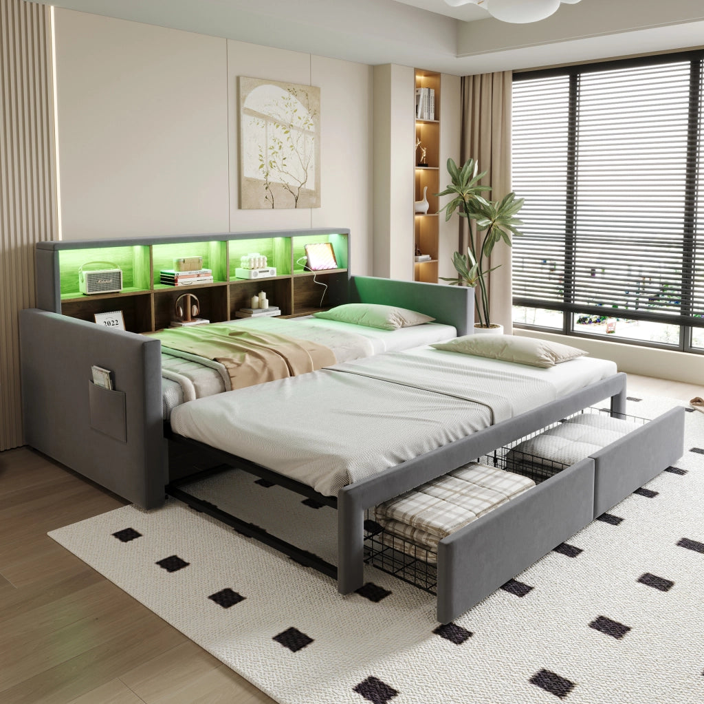 Letto imbottito estraibile 90 x 190 cm con LED, prese e cassetti