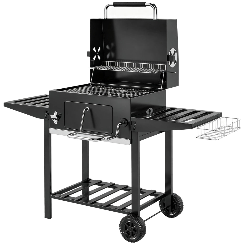 Barbecue a Carbone 133,5x65x110 cm a Rotelle con Griglia Regolabile e Ripiani Pieghevoli in Acciaio e PP Nero