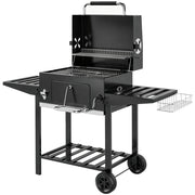 Barbecue a Carbone 133,5x65x110 cm a Rotelle con Griglia Regolabile e Ripiani Pieghevoli in Acciaio e PP Nero