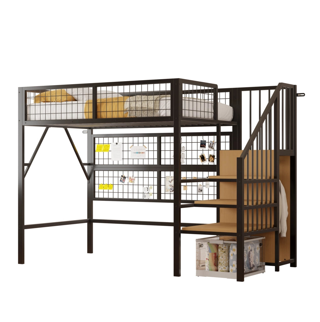 Letto a soppalco 90x200 cm con scala contenitore e LED in metallo nero