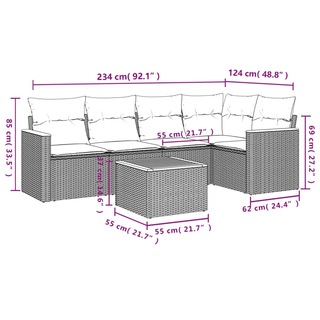 Set Divano da Giardino 6 pz con Cuscini-Sofa da Giardino-Divanetto da esterno Nero in Polyrattan 867004