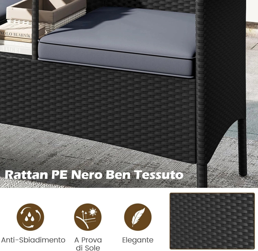 Panchina da Giardino in Rattan PE 62 x 124 x 84 cm, Divano da Esterno con Tavolino in Vetro Temperato e Cuscini Imbottiti, Poltrona con 2 Posti per Balcone, Piscina e Cortile (Grigio)