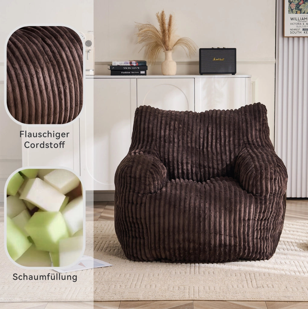 Pouf Sacco Imbottito in Velluto a Coste 100x94x70 cm; con Memory Foam; Marrone; per Interni