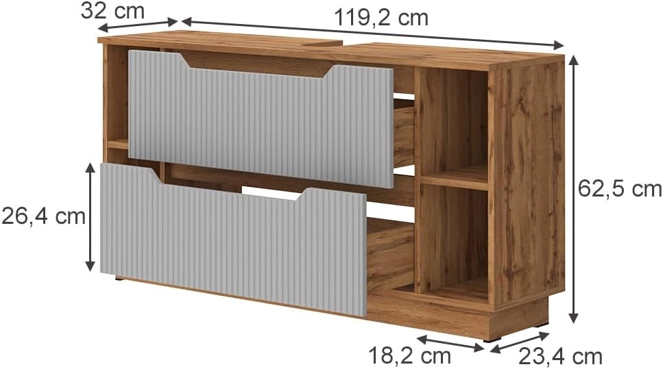Mobile sottolavabo per bagno Lotta, Rovere/grigio a righe, 119.2 x 62.5 cm con 2 cassetti