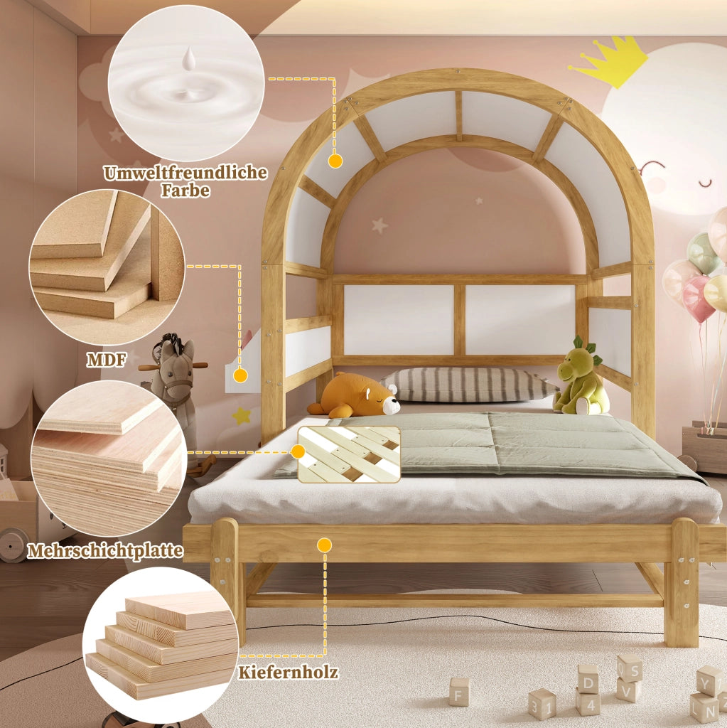 Letto per bambini a casetta con letto estraibile 140x200 cm; in legno massello e MDF; bianco e naturale