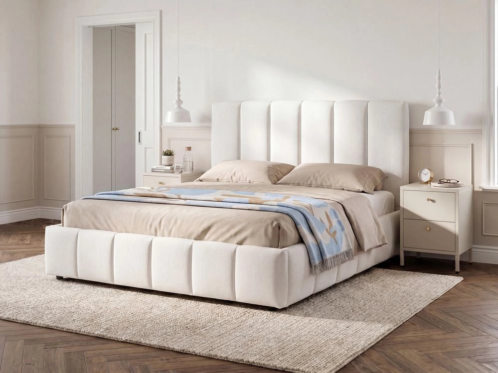 Letto matrimoniale contenitore con trapuntatura verticale in tessuto bianco sporco 160x200 cm struttura sollevabile e testiera alta